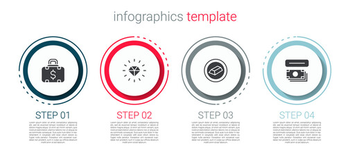 Set Briefcase and money, Diamond, Gold bars and ATM. Business infographic template. Vector