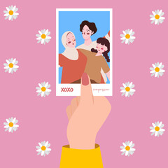hand hold family picture background flower with modern flat style