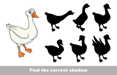 Сute goose. Poultry.  Find the correct shadow. Educational game for children. Cartoon vector illustration.
