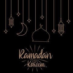 hanging lantern decoration for ramadan celebration in mono line style on black background. vector illustration