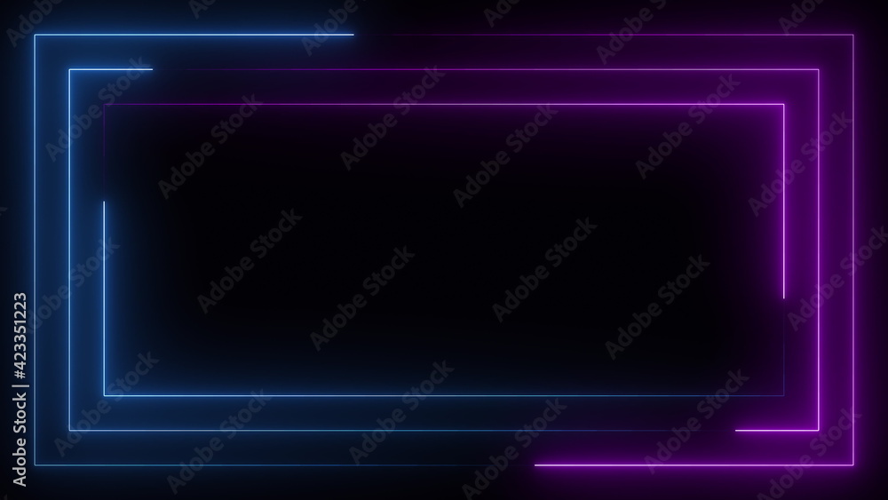 Poster blue purple pink neon frame light line running loop square black overlay, place it over your footage