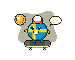 sweden flag badge character illustration ride a skateboard