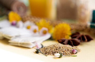 chamomile herbs close-up with unfocused background