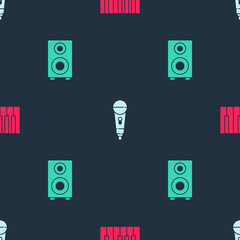 Set Grand piano, Microphone and Stereo speaker on seamless pattern. Vector