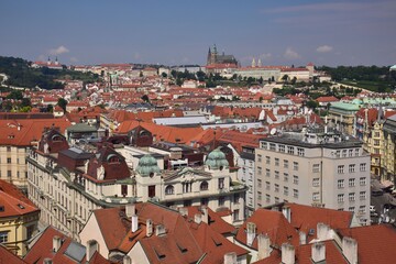 Obraz premium Prague is characteristic with its red rooftops, here shown in summer with blue skies, Central Bohemia, Czech Republic.