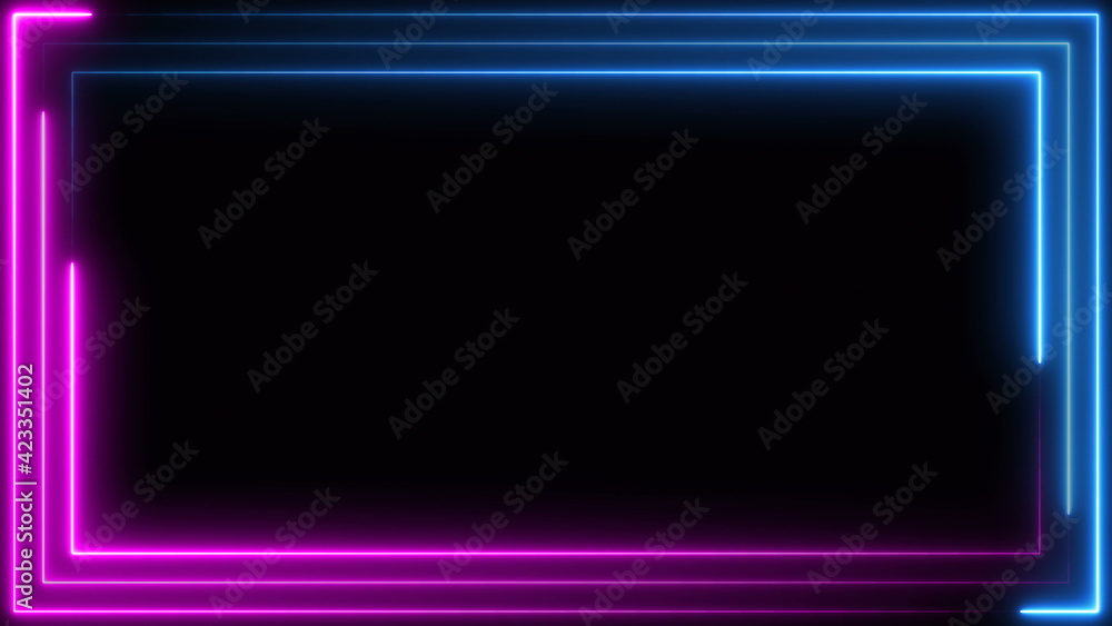 Poster blue purple pink neon frame light line running loop square black overlay, place it over your footage