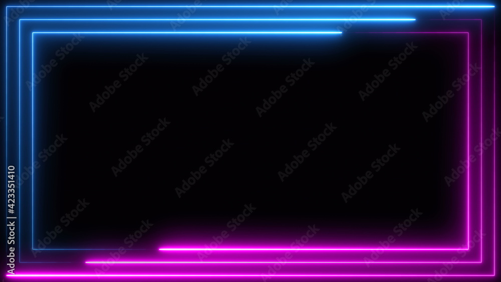 Poster blue purple pink neon frame light line running loop square black overlay, place it over your footage