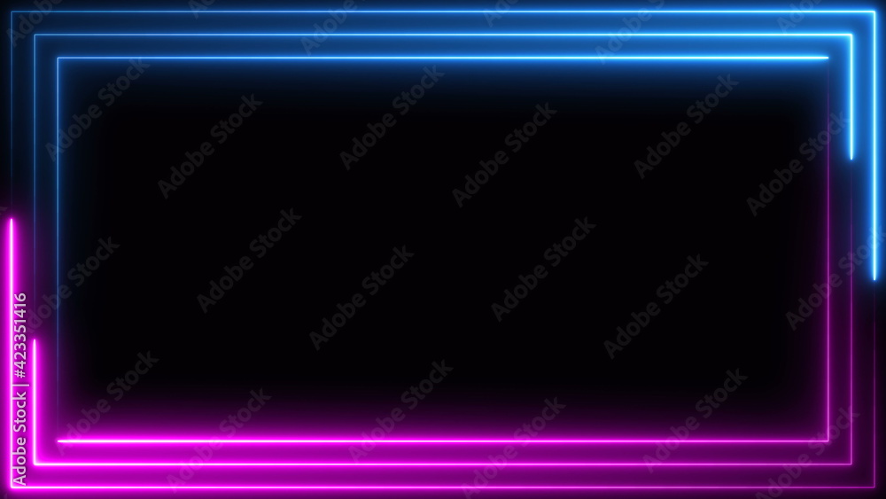 Poster blue purple pink neon frame light line running loop square black overlay, place it over your footage