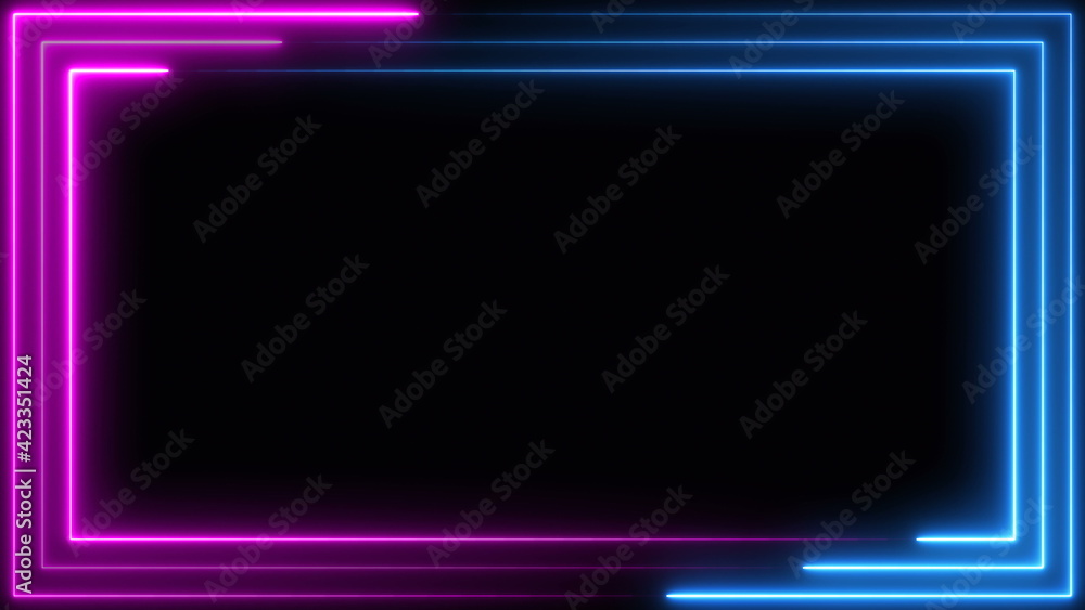 Poster blue purple pink neon frame light line running loop square black overlay, place it over your footage