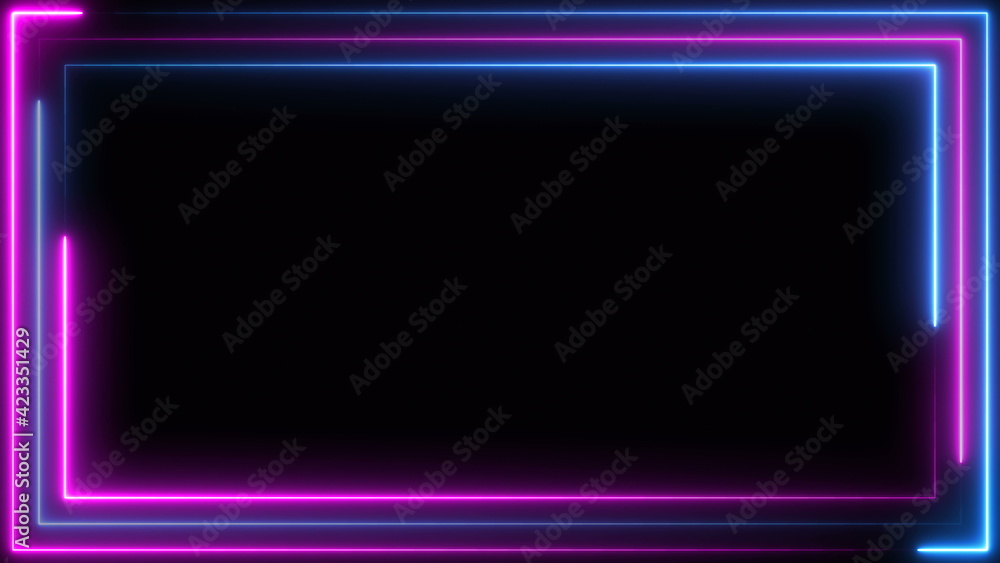 Poster blue purple pink neon frame light line running loop square black overlay, place it over your footage
