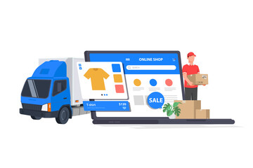Product package boxes and shopping bag in cart with laptop computer which web store shop on screen for online shopping and delivery concept
