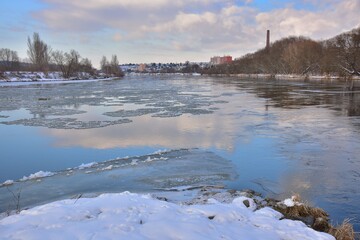 Winter scene of Berounka river in cold winter weather, Czech Republic.