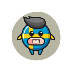 Cartoon Illustration of sweden flag badge with tape on mouth