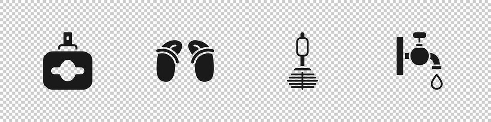 Set Perfume, Flip flops, Toilet brush and Water tap icon. Vector