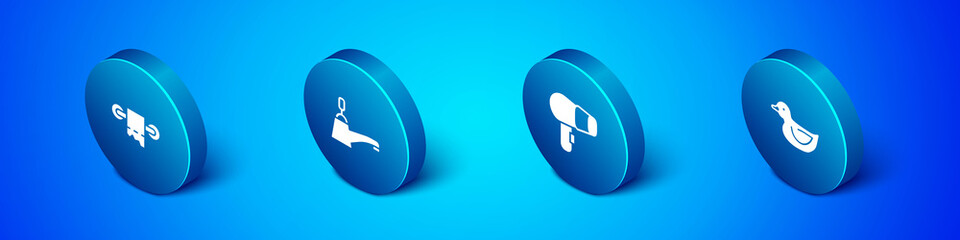 Set Isometric Toilet paper roll, Hair dryer, Rubber duck and Water tap icon. Vector