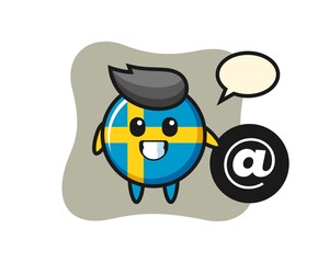 Cartoon Illustration of sweden flag badge standing beside the At symbol