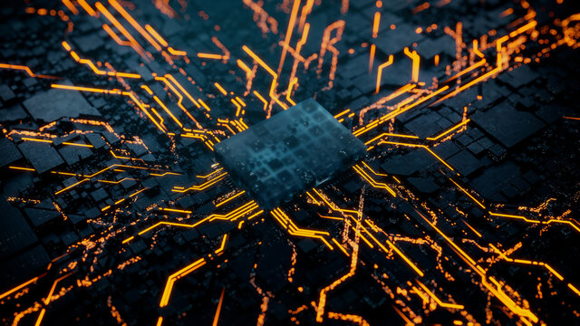 Advanced Technology Concept with Microchip. Orange Neon Data flows from the CPU across a Futuristic Motherboard. 3D render.