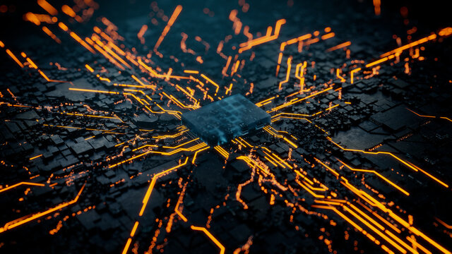 Advanced Technology Concept with Microchip. Orange Neon Data flows from the CPU across a Futuristic Motherboard. 3D render.