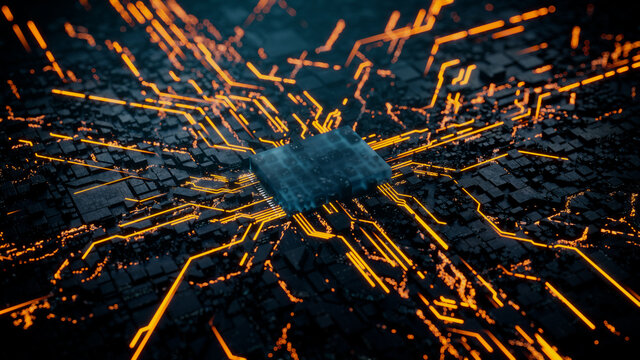 Advanced Technology Concept with Microchip. Orange Neon Data flows from the CPU across a Futuristic Motherboard. 3D render.