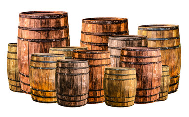 set of oak barrels of light brown different sizes large and small on an isolated background