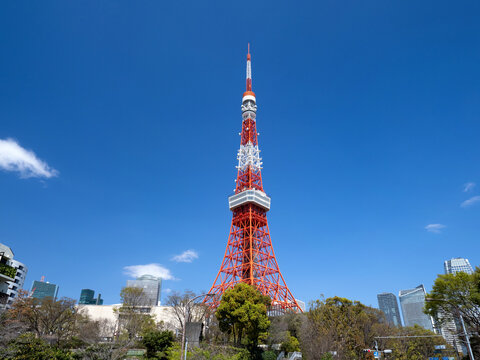 東京タワーは東京を代表するランドマークのひとつです。2021年3月、東京都港区にて撮影。