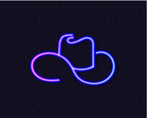 Vector Neon Cowboy Hat on Brick Wall Background, Glowing Sign, Gradient Unltraviolet Color, Logo Design.