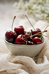 Cherries in a bowl on a white background