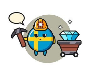 Character Illustration of sweden flag badge as a miner