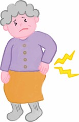 水彩画の腰が痛い高齢の女性