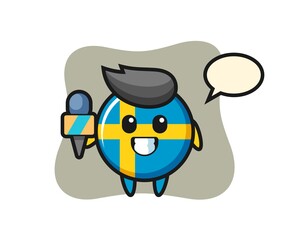 Character mascot of sweden flag badge as a news reporter