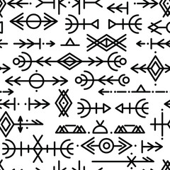 Ethnic Norwegian Icelandic seamless pattern. Runic talismans of the Vikings and northern peoples. Magic and magical runes. Pagan signs. Futhark repeatable background. Vector illusion. 