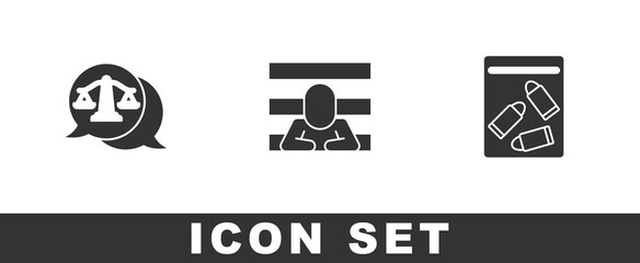 Set Scales of justice, Prisoner and Evidence bag and bullet icon. Vector