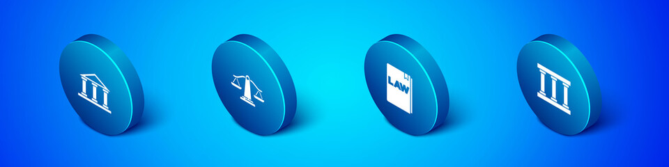Set Isometric Courthouse building, Law book, Prison window and Scales of justice icon. Vector