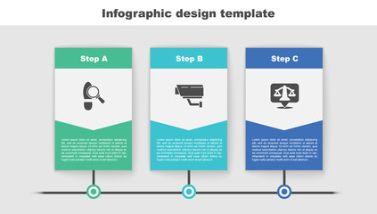 Set Footsteps, Security camera and Scales of justice. Business infographic template. Vector