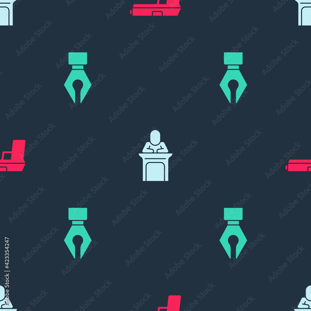 Poster Set Pistol or gun, Judge and Fountain pen nib on seamless pattern. Vector