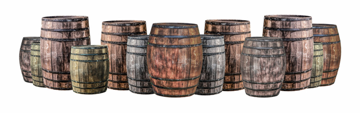 assortment of oak barrels, large and small, gray and brown on an isolated background