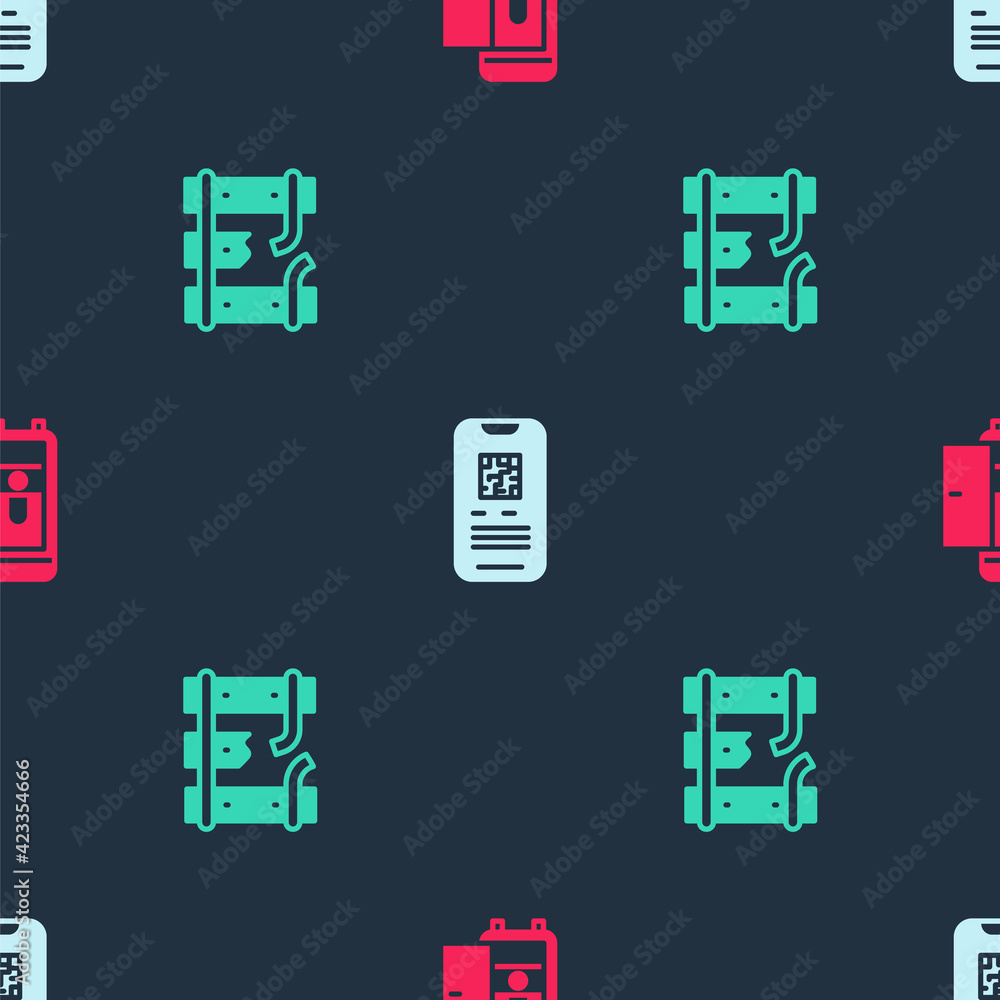 Poster set toilet in the train car, e-ticket and broken rails on railway on seamless pattern. vector