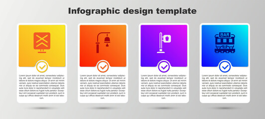 Set Railroad crossing, Train station bell, Cafe and restaurant location and Restaurant train. Business infographic template. Vector