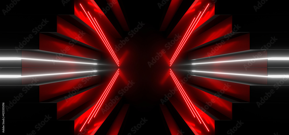 Poster sci fy neon lamps in a dark tunnel. reflections on the floor and walls. 3d rendering image.