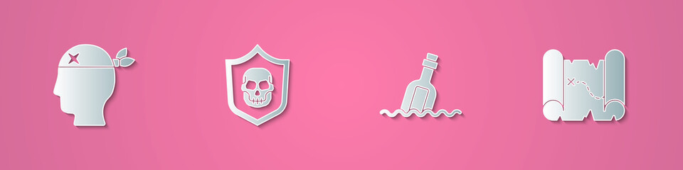 Set paper cut Pirate captain, Shield with pirate skull, Bottle message water and treasure map icon. Paper art style. Vector