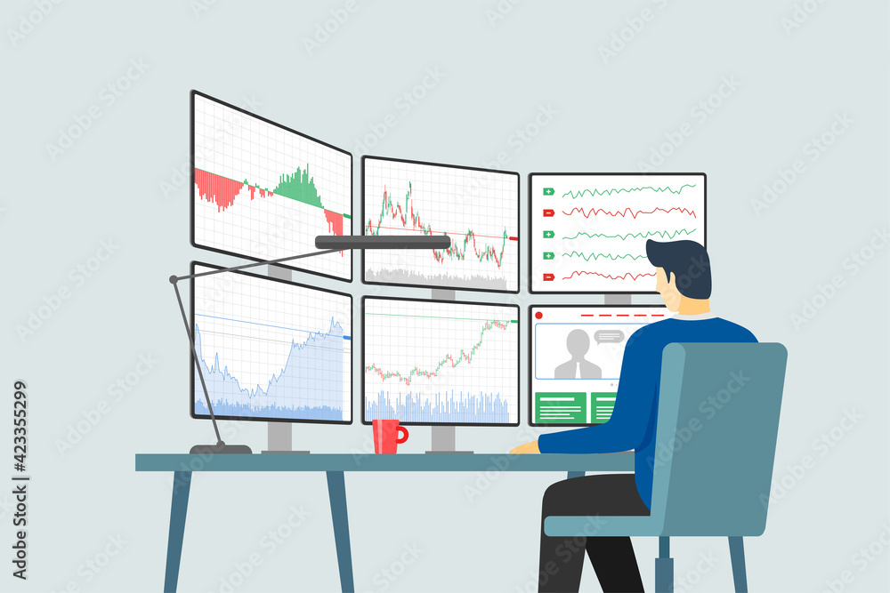 Fototapete stock market trader at workplace looking at multiple computer screens with financial charts, diagram