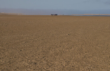 Fototapeta na wymiar A group of hikers disappearing in the distance over a flat stretch in the Namib Desert