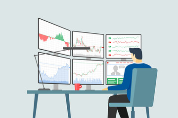 Stock market trader at workplace looking at multiple computer screens with financial charts, diagrams and graphs. Business index analysis concept. Broker exchange trading vector illustration
