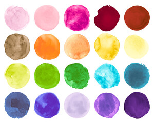 Brush Colorful Watercolor Circles. Set of Hand Paint Ink Spots. Drawn Rounds Drawing. Watercolor Circles. Art Abstract Texture. Creative Stains on Paper. Bright Colorful Watercolor Circles.