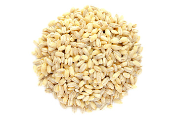 Pile pearl barley isolated on white, top view. Pearl barley isolated on white background, top view. Grains of barley malt on a white background. Heap of pearl barley isolated on white background.