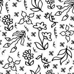 Cute childish floral doodle outline black and white monochrome vector seamless pattern. Simple hand drawn style background with flowers and leaves on white. 