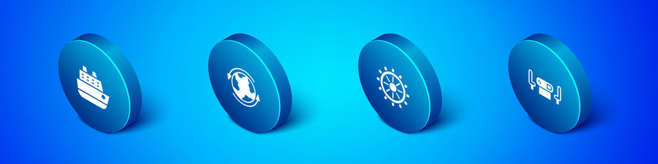 Set Isometric Cruise ship, Ship steering wheel, Poker table and Worldwide icon. Vector