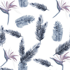 Gray Pattern Foliage. Navy Tropical Hibiscus. Indigo Floral Leaf. Blue Flora Leaves. White Decoration Palm. Cobalt Wallpaper Leaf. Azure Spring Design.