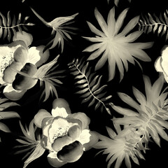 White Tropical Design. Black Seamless Art. Gray Pattern Art. Flower Plant. Spring Palm. Garden Leaf. Wallpaper Illustration. Decoration Plant.