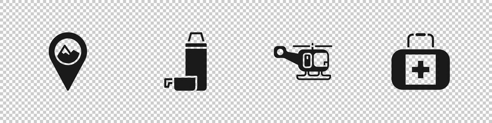 Set Location with mountain, Thermos container, Rescue helicopter and First aid kit icon. Vector